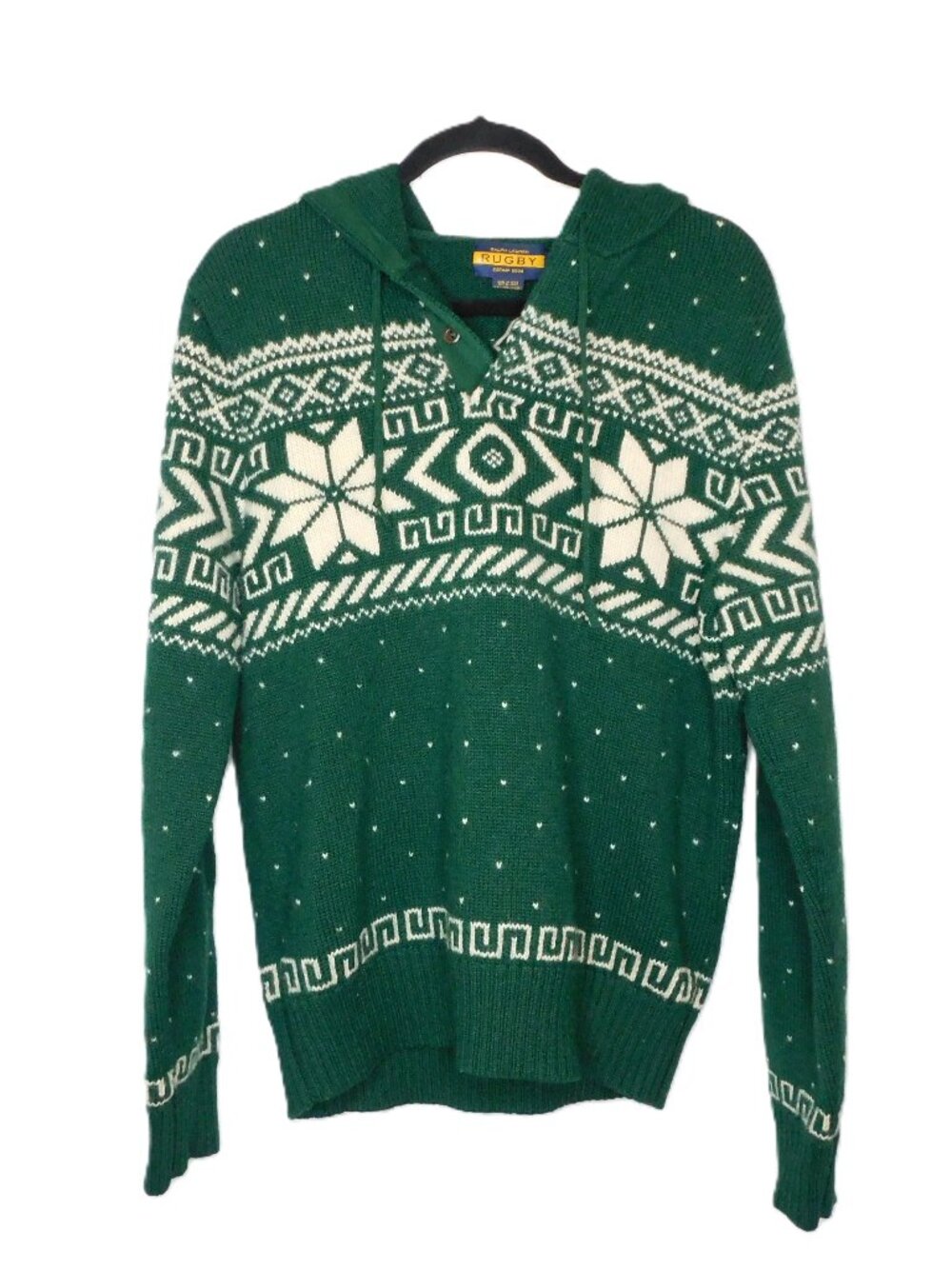 Ralph Lauren Rugby Vintage Green & White Fair Isle Wool Hoodie Sweater | EUC | M